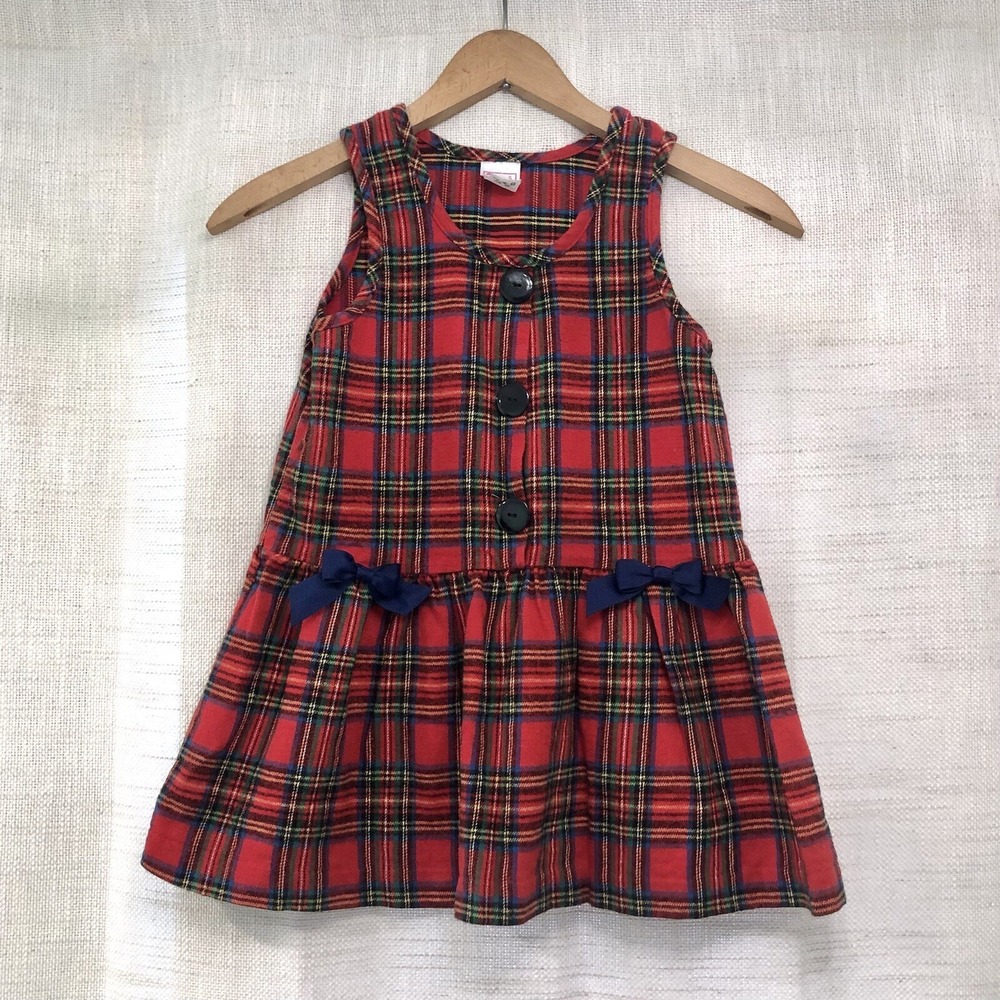 Vintage Buster Brown Girls 5 Plaid Sleeveless Dress Bow Button Red Navy Green